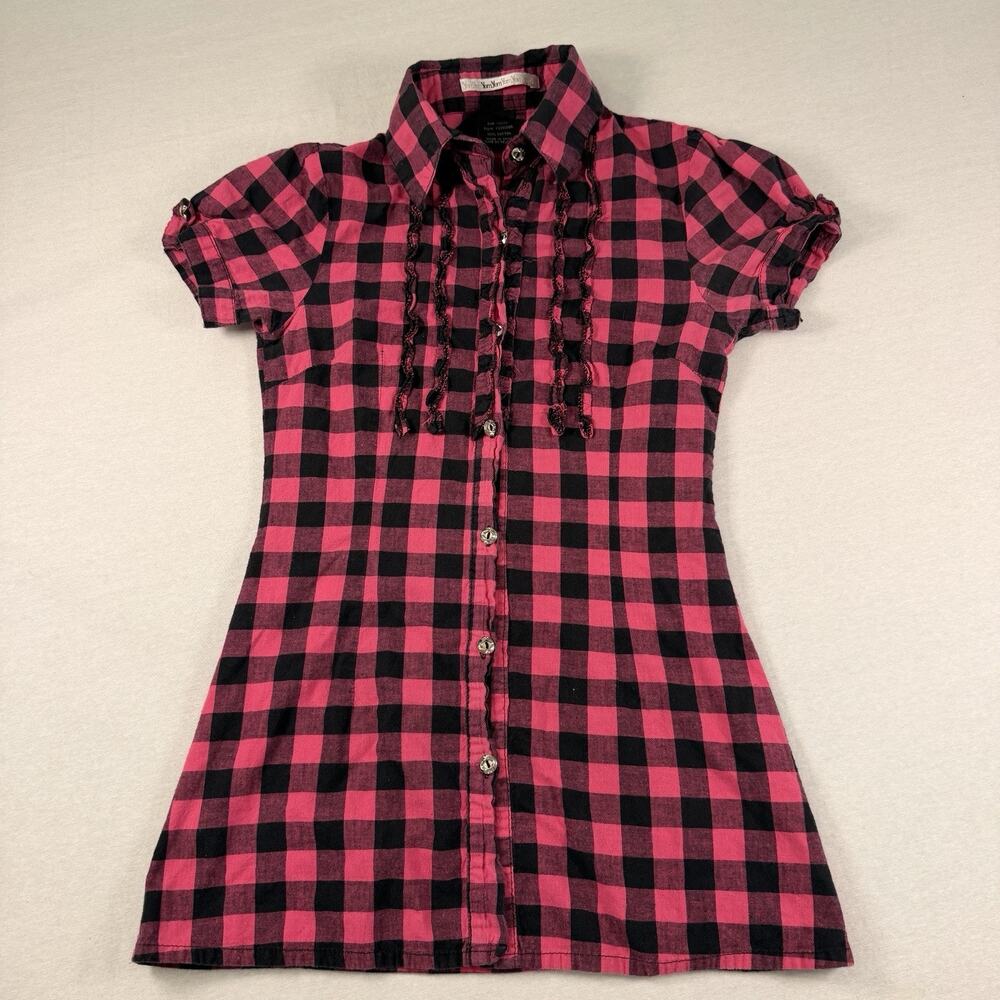 Yam Yam Pink Black Plaid Ruffle Top Short Sleeve Button Up Mall Goth Women S